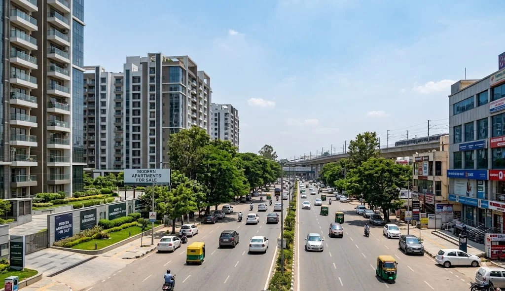 High-rise luxury apartment building and residential project entrance on Bannerghatta Main Road near Gottigere Metro Station.